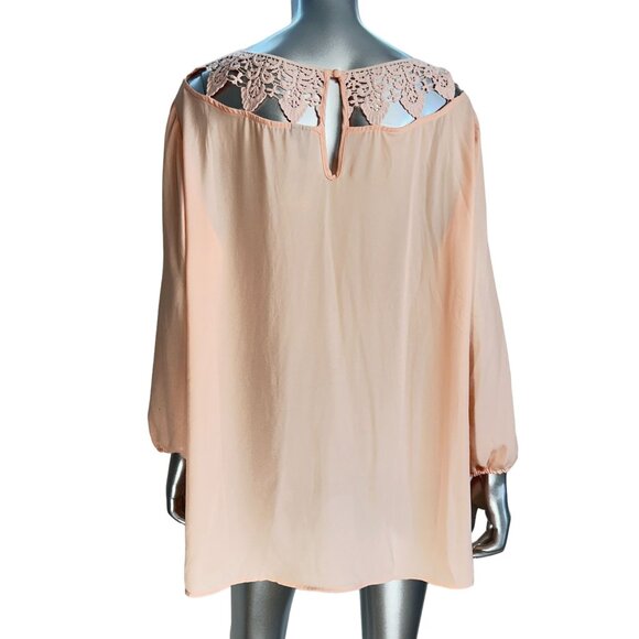 Bellatrix Peach Chiffon Blouse With Lace Crochet Neckline Long Sleeves 1X - Picture 2 of 7